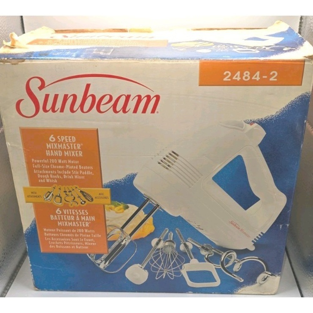 Sunbeam Mixmaster Handheld Mixer Model 2484, 200W, 6 Speeds, White, Attachments